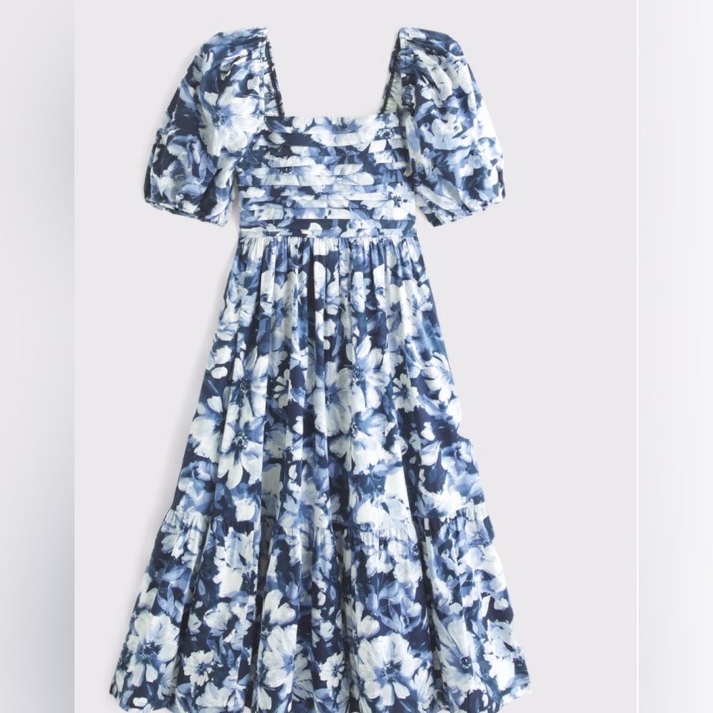 ABERCROMBIE The A&F Emerson Poplin Puff Sleeve Midi Dress Floral Blue White S - Picture 3 of 4